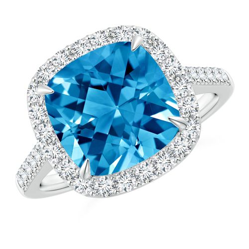 Angara 4.4 Carats Claw-Set Cushion Swiss Blue Topaz and Diamond Halo Ring in Platinum