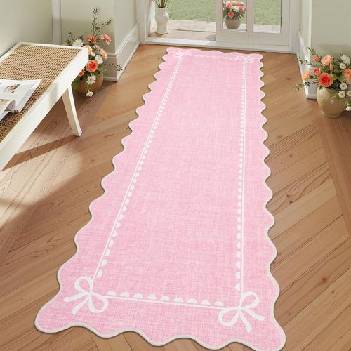 Garvee Scalloped Bow Rug Solid Pink Washable Non Slip 2x6 for Living Room Nursery Bedroom Decor