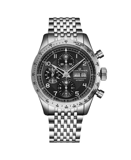 Men's Megalos Silver-tone Stainless Steel , Black Dial , 51mm Round Watch - Silver-tone