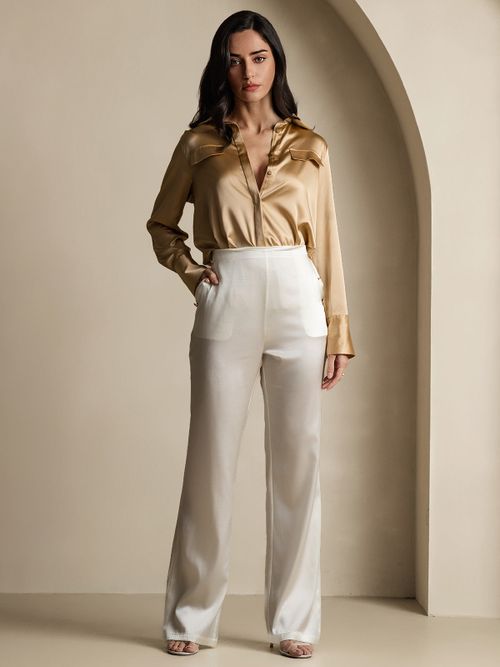 19Momme Silk High Waist Straight Fit Women's Pants with Back Elastic Waist Design