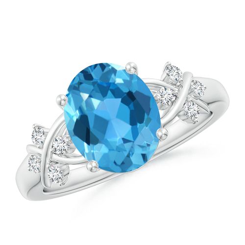 Angara 3.25 Carats Solitaire Oval Swiss Blue Topaz Criss Cross Ring with Diamonds in Platinum