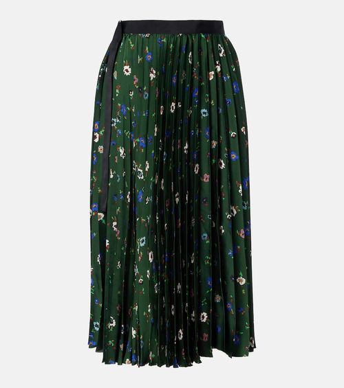 Floral plissé satin midi skirt