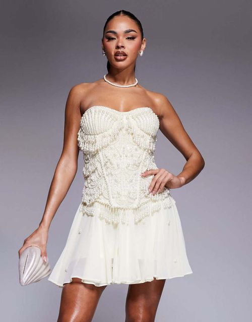 ASOS DESIGN corset bandeau mini dress with pearl beading in ivory-Yellow