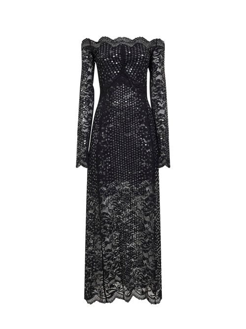 Embroidered-Sequin Lace Midi Dress — Black