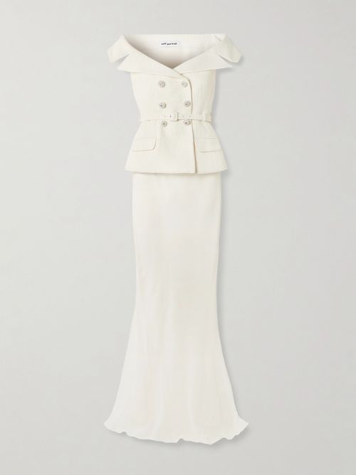 Off-the-shoulder Belted Metallic Bouclé And Crepe Maxi Dress - Cream