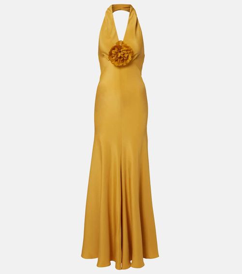 Floral-appliqué silk crêpe gown