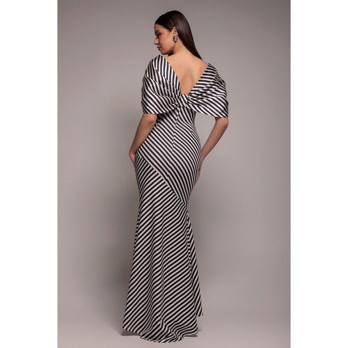 Goddiva Stripe Off Shoulder Bow Back Satin Bow Maxi Dress - Black White