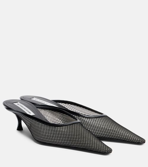 Leather-trimmed mesh mules