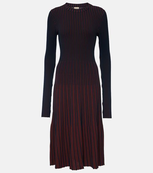 Striped ribbed-knit pleated midi dress