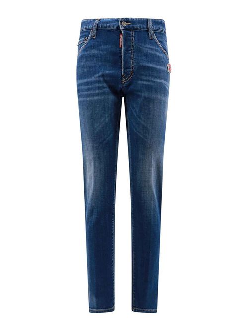 Jeans with enamelled metal logo patch