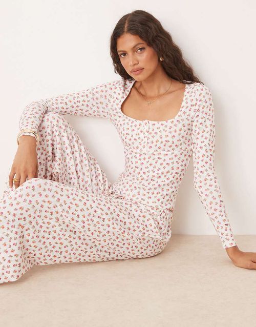 Long sleeve pointelle top in ditsy floral - part of a set-Multi
