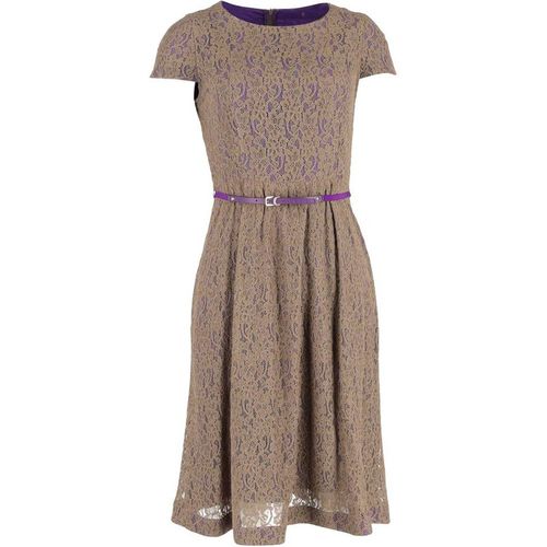 Max Mara Women's Preloved Belted Lace Midi Dress in Brown Polyester in Light Brown