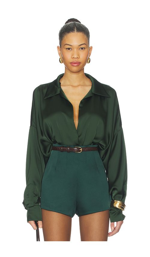Norma Kamali Super Oversized Boyfriend Shirt Bodysuit in Dark Green. - XXS also in