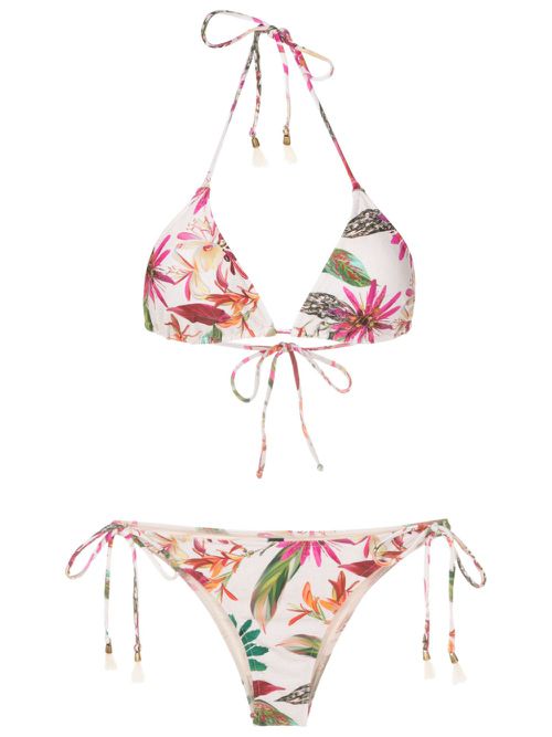Maya botanical-print triangle bikini - White