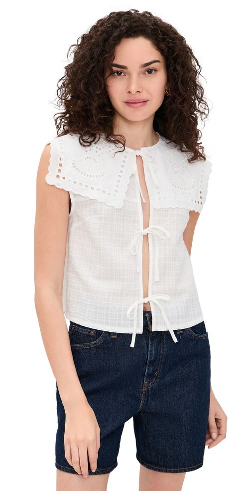 Cutwork Collar Tie Front Blouse White