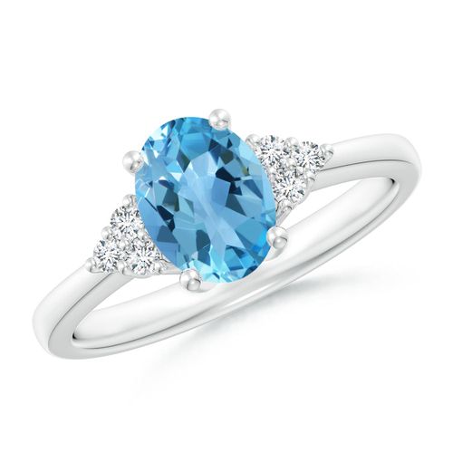 Angara 1.5 Carats Solitaire Oval Swiss Blue Topaz Ring with Trio Diamond Accents in Platinum