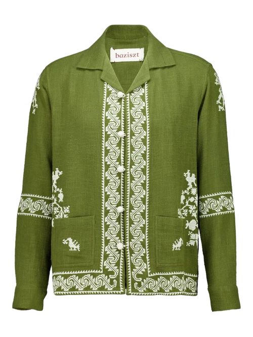 Men's Embroidered Cotton Camp-Collar Shirt with Button Front & Patch Pockets