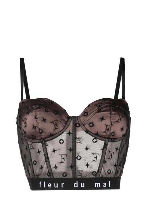 Monogram-embroidered bustier crop top - Brown