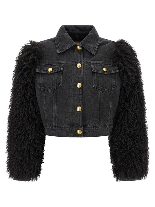 Shearling-Sleeve Denim Jacket — Black