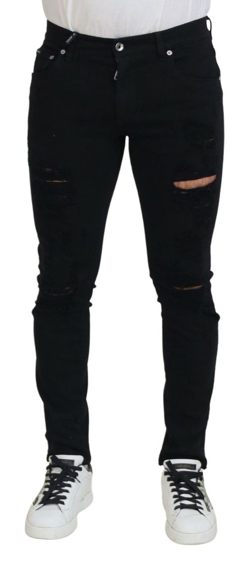 Slim Fit Tattered Denim Jeans — Black