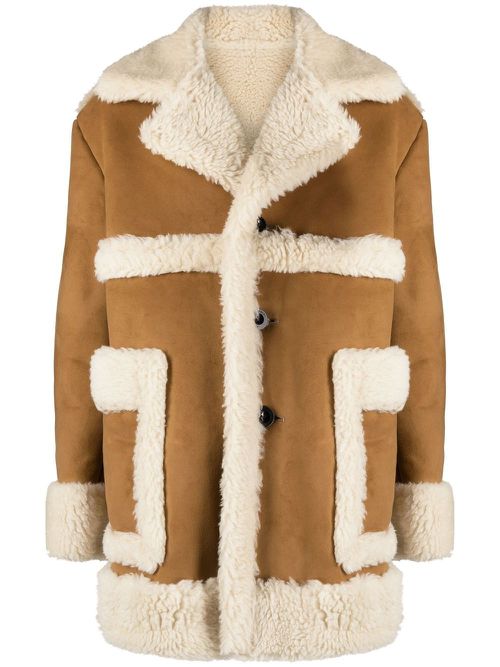 Faux-shearling single-breasted coat - Brown
