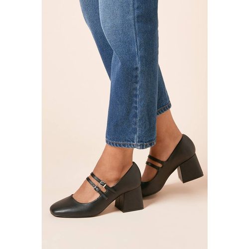 Dorothy Perkins Women's Wide fit Dawn Double Mary Jane Mid Block Heel Faux Leather Court Shoes in Black