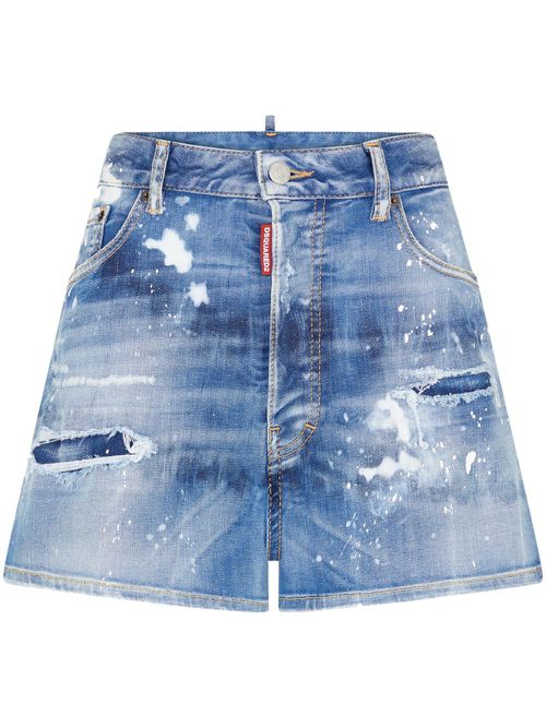 Logo-tag distressed denim shorts - Blue