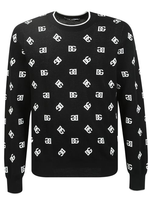 돌체앤가바나 남성 Dg 로고가 있는 버진 울과 자카드 실크로 만든 라운드넥 스웨터 12623159