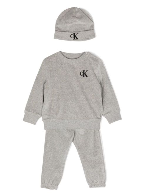 Logo-embroidered velvet babygrow set - Grey