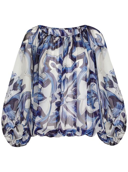 Majolica-print off-shoulder blouse - Blue