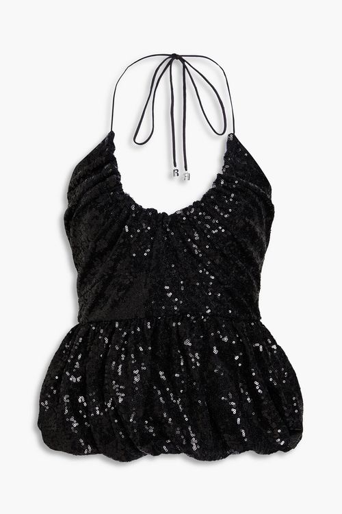 Sequined tulle halterneck peplum top