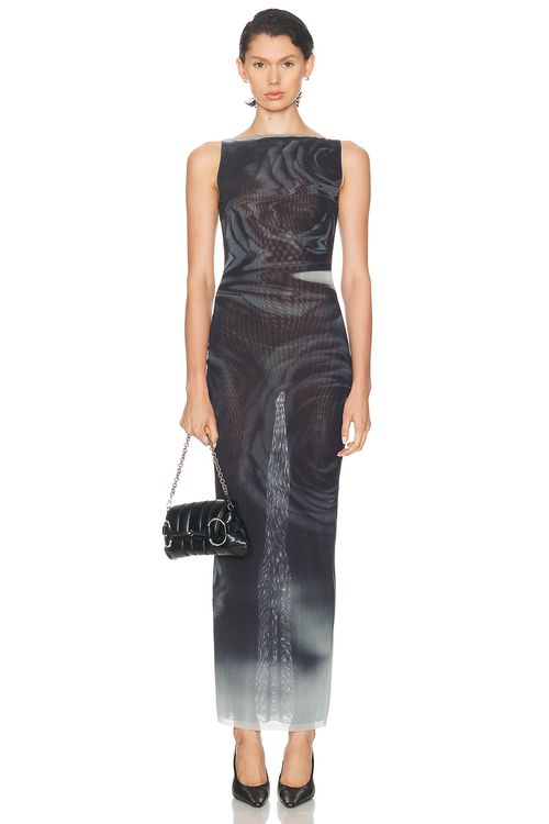 Jean Paul Gaultier Boat Neck Blurry Roses Printed Sleeveless Dress in White Grey & Black - Black. XL also in L, M