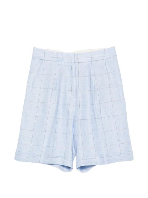 Check-Pattern Linen Shorts — Light Blue