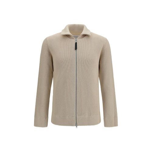 Ribbed Wool-Cotton Zip-Up Cardigan — Beige