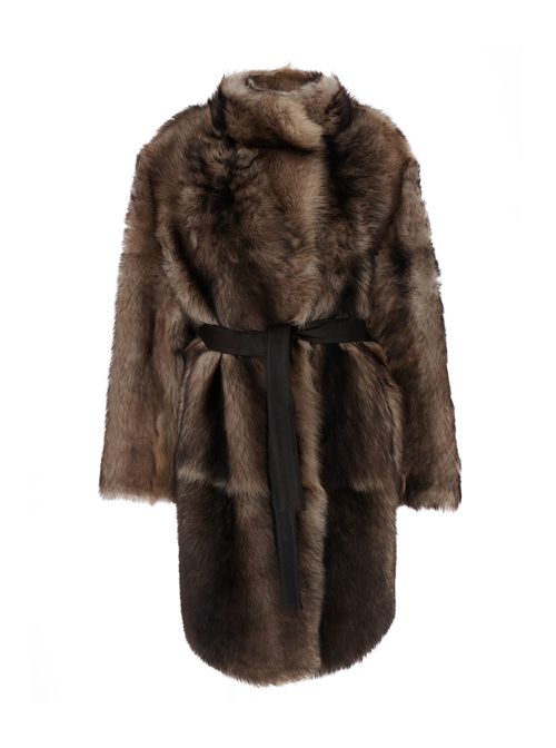 Brown Shearling Coat with High Neck and Front Belt Closure in Fur Woman Jackets Furs - Women