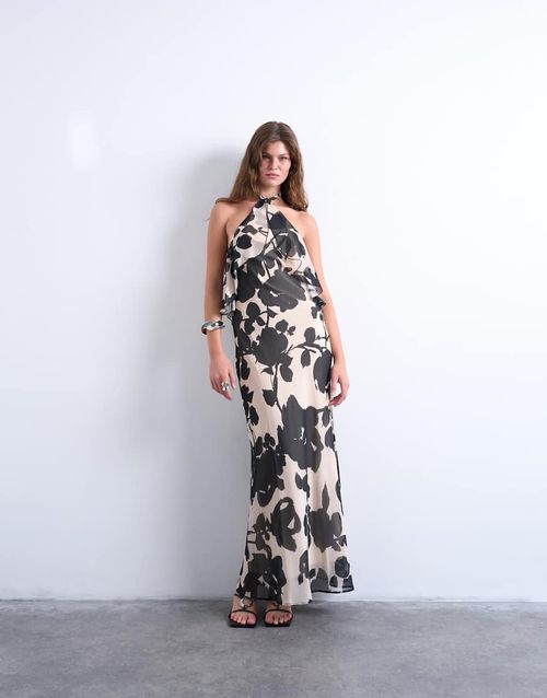 Halter layer chiffon dress in black and white floral