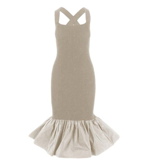 Beige Ruffled Knitted Midi Dress