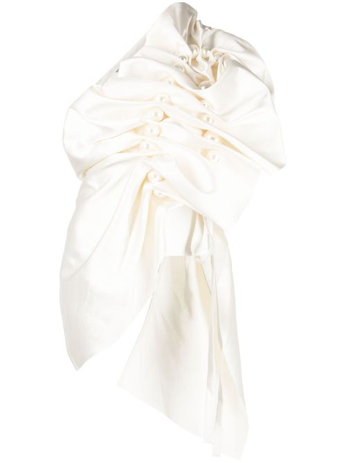 Asymmetric gathered pearl-detail blouse - White