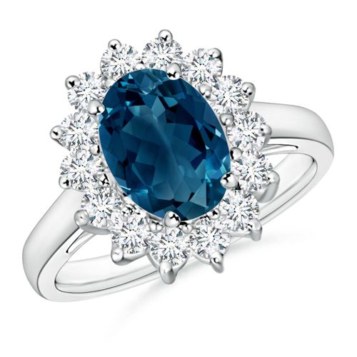 Angara 2.25 Carats Princess Diana Inspired London Blue Topaz Ring with Halo in Platinum