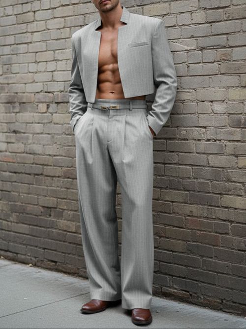Men's Stripe Cropped Casual Two Pieces Outfit SKUL47873 - Light Gray / S