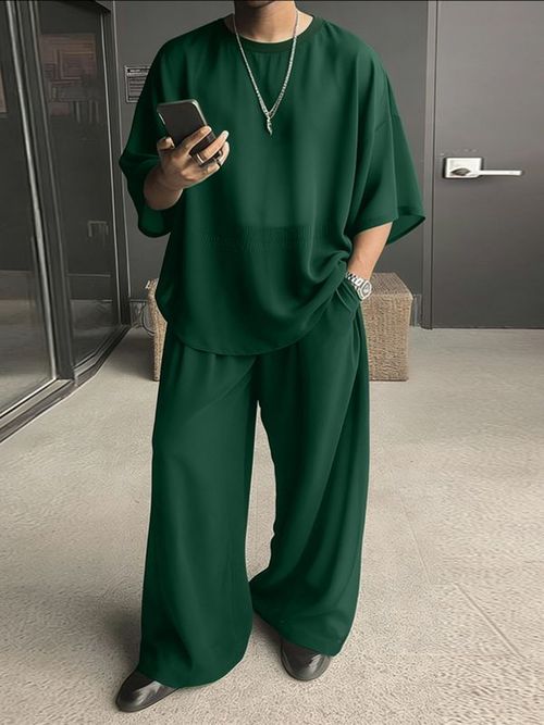 Men's Solid Color Semi Sheer Casual Two Pieces Outfit SKUL53020 - Green / S