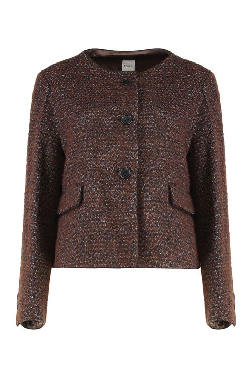 Short-Cut Button-Front Wool-Blend Jacket Sweater with Flap Pockets