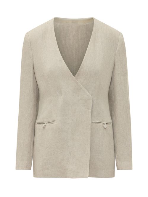 Beige Solid V Neck Blazer
