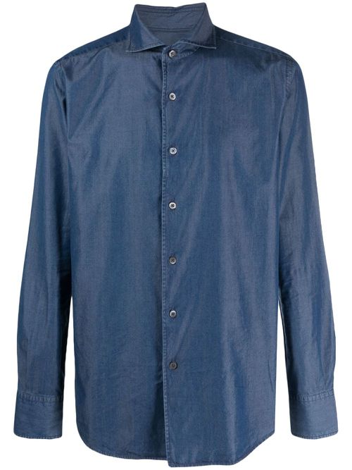 Spread-collar cotton-blend shirt - Blue