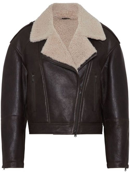 Shearling-collar leather biker jacket - Brown