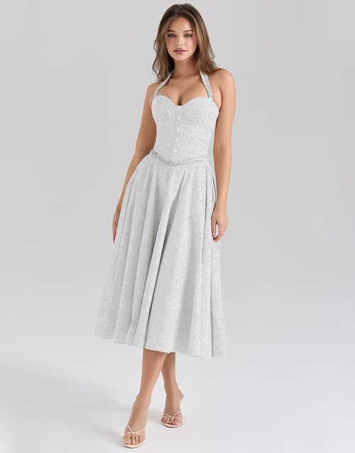 Georgie cotton halter neck midi dress in white polka dot