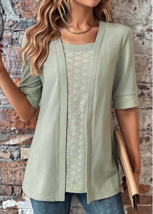 Modlily Sage Green Half Sleeve Fake Two Piece Twinset