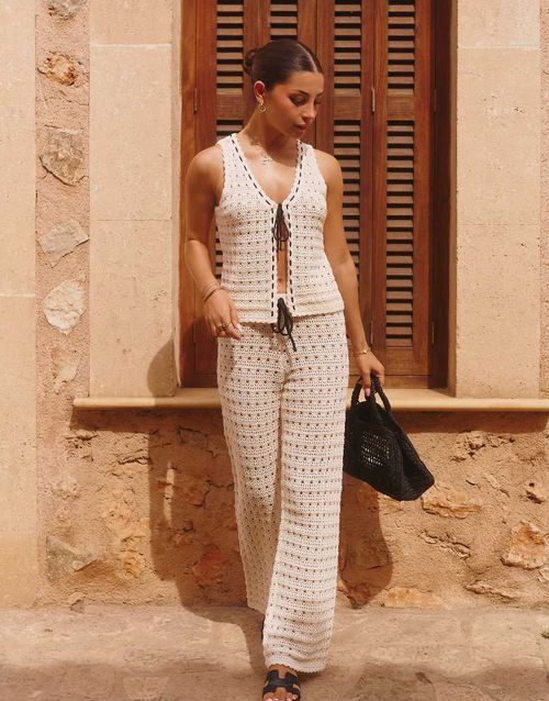 The Frolic x Lydia Kara exclusive crochet contrast thread trim wide leg beach pants in cream - part of a set-White