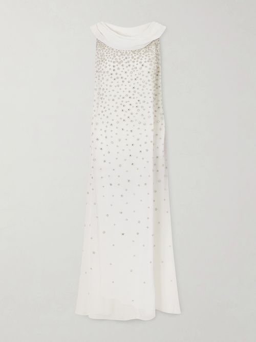 Kaia Scarf-detailed Crystal-embellished Crinkled-chiffon Gown - White