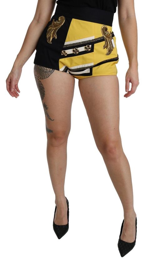 Embroidered Crystal High-Waist Short Trousers — Yellow